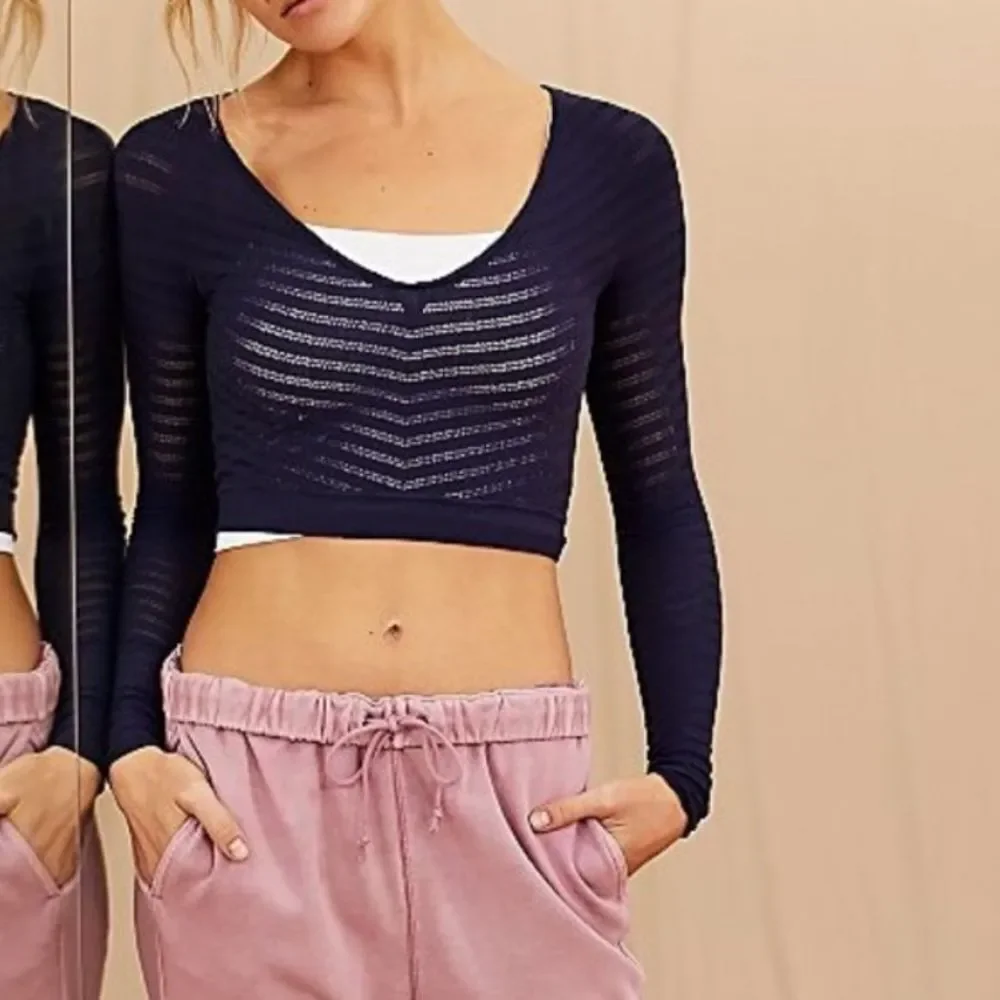 NWT Free People FP Movement Gone Adrift Long Sleeve Cropped Top in Eclipse Blue
